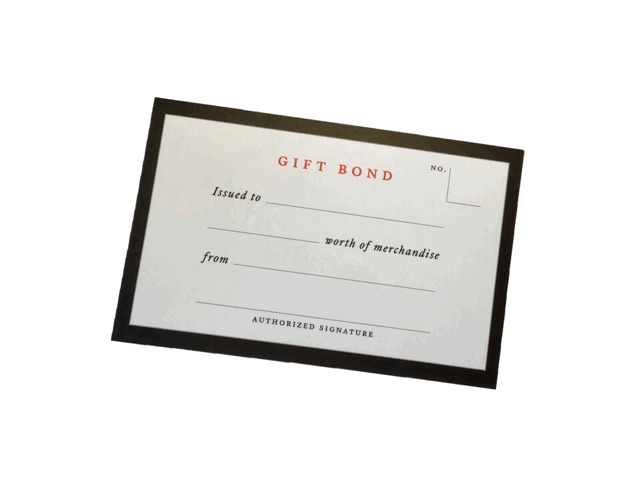 gift bond card with to, from and amount listed